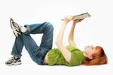 Young girl read the book on white Stock Photo