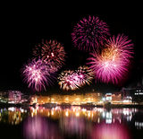 Fireworks over city by the water Stock Photography