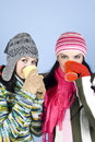 Best  friends girls with hot drink Stock Photos