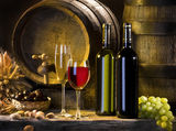The still life with red wine and barrels Royalty Free Stock Images