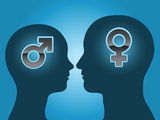 Man and woman head silhouette with gender symbols Stock Image