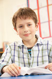 Schoolboy Studying Textbook In Classroom Royalty Free Stock Images