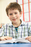 Schoolboy Studying Textbook In Classroom Royalty Free Stock Images