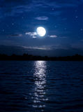 Abstract night background  moon  stars over  water Royalty Free Stock Photos