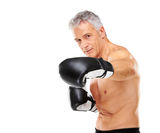 Mature man training with boxing gloves on white Royalty Free Stock Photos