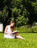 Student sit on lawn and reads textbook Royalty Free Stock Image