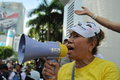 Anti government white mask protest in bangkok a leader directs an rally s shopping district on june thailand the protesters Royalty Free Stock Images