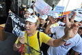 Anti government white mask protest in bangkok a leader directs an rally s shopping district on june thailand the protesters Stock Photos
