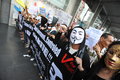 Anti government white mask protest in bangkok protesters wearing guy fawkes masks rally s shopping district on june thailand the Stock Photography