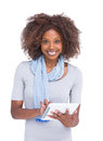 Attractive woman using tablet pc on white background Royalty Free Stock Photography
