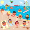 Beach cartoon illustration of busy no transparency and gradients used Stock Images