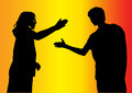 Boy and girl greeting each other vector illustration of silhouettes of about to shake hands as sign of friendship on colorful Stock Photo