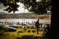 Budapest floods people watching the show of the swollen danube on its banks in Stock Images