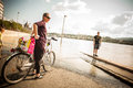 Budapest floods people watching the show of the swollen danube on its banks in Royalty Free Stock Photography