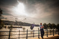 Budapest floods people watching the show of the swollen danube on its banks in Royalty Free Stock Photography
