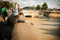 Budapest floods people watching the show of the swollen danube on its banks in Royalty Free Stock Photo