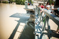 Budapest floods people watching the show of the swollen danube on its banks in Stock Photo