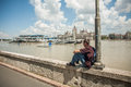 Budapest floods people watching the show of the swollen danube on its banks in Royalty Free Stock Photography