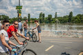 Budapest floods people watching the show of the swollen danube on its banks in Royalty Free Stock Images