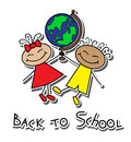 Cartoon boy and girl with globe a the words back to school Royalty Free Stock Image
