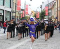 Cheerleader followed by a music band nicolae balcescu pedestrian street sibiu romania june sibiu international theatre festival Royalty Free Stock Photo