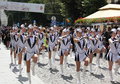 Cheerleaders street show sibiu romania june sibiu international theatre festival brass band and gracja majorettes from stara wies Royalty Free Stock Photography