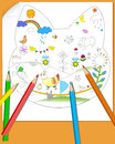 Child drawing the illustration shows a sheet of paper with the childs picture and a few colored pencils Stock Photos