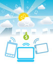 Clouds mobile payments saas and from any devices tablets laptops desktop sun and bright day Royalty Free Stock Photo
