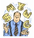 Confident businessman juggling currency symbols a happy and the for dollars rupees yen pounds and euros Royalty Free Stock Image