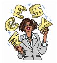 Confident businesswoman juggling currency symbols a and happy juggles the for rupees euros pounds dollars and yen Royalty Free Stock Image