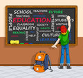 Education concept in word cloud illustration of schoolboy writing a about on a chalkboard you can clear the words and write your Royalty Free Stock Images