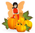 Fairy on a pumpkin autumn in the orange dress is sitting Royalty Free Stock Photo