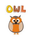 Funny vector staring orange owl sitting under hand o is for illustration with drawn doodle word cute cartoon symbol of wisdom Stock Photography