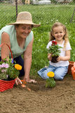 Grandmother teaching little girl gardening Stock Photos