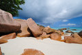 Granite rocks on the beach tropical praslin island seychelles Royalty Free Stock Photo