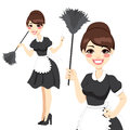 Housewife maid duster beautiful in classic dress costume holding a feather isolated on white background Royalty Free Stock Photo