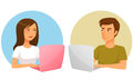 Illustration of young girl and boy with laptop cute cartoon Stock Photography