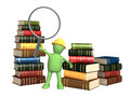 Information search puppet with loupe and books isolated over white Stock Images