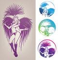 Ink linework dancing girl in carnival feather cost inked line work gorgeous pretty smiling young woman costume Royalty Free Stock Photo