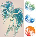 Ink linework dancing girl in carnival feather cost inked line work gorgeous pretty smiling young woman costume Stock Photo