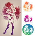 Ink linework dancing girl in carnival feather cost inked line work gorgeous pretty smiling young woman costume Stock Photography