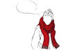 Isolated vector illustration of female wearing red patterned scarf with speech bubble hand drawn a woman a wooly yellow green and Royalty Free Stock Photography