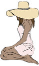 Isolated vector of woman in big sun hat kneeling sitting colored illustration a barefoot tanned female down with brown long hair Stock Images