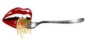 Lips and fork with pasta ketchup basil Royalty Free Stock Photo