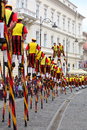 Long row of stiltwalkers sibiu transylvania romania june sibiu international theatre festival royal from merchtem men on stilt Stock Photography