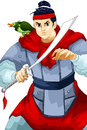 Man samurai bird anime character cartoon style brave holding a sword and a sitting on his shoulder vector illustration done in on Stock Images
