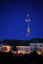 Manbird in the air grand square sibiu transylvania romania june sibiu international theatre festival firebirds an open show by Royalty Free Stock Photos