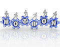 Motion word gears workers progress forward the in and people walking on them to move them to illustrate a team working together to Royalty Free Stock Photo