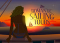 Romantic tours design template with relaxing woman silhouette and dolphins at sunset eps Royalty Free Stock Photography