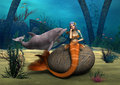 Sad mermaid d digital render of a beautiful sitting on a stone and a cute dolphin on blue fantasy ocean background Stock Images